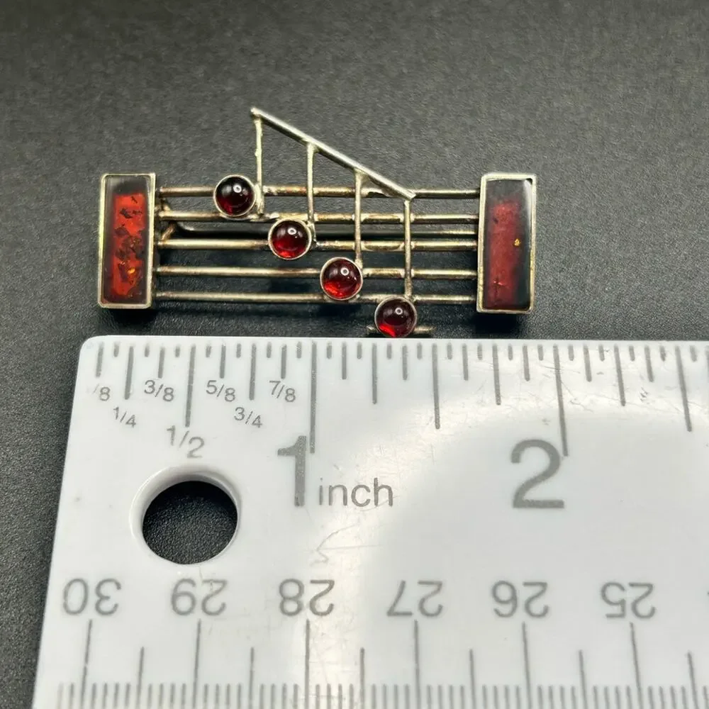 925 Sterling Silver Red Stone Musical Staff brooch Pin #G014